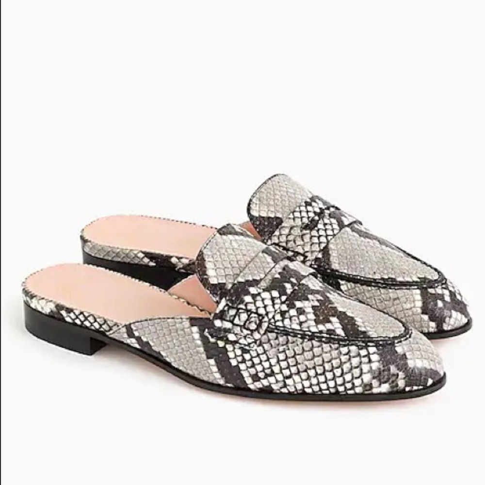 JCrew Academy penny loafer mules in snake-
embossed leather
